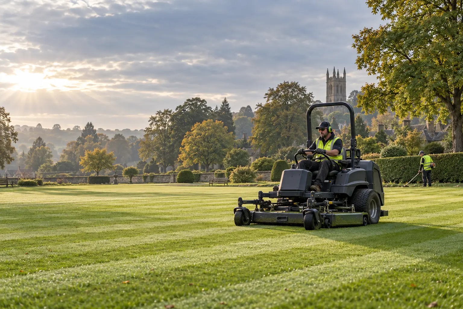 Professional grounds operative mowing a formal public green