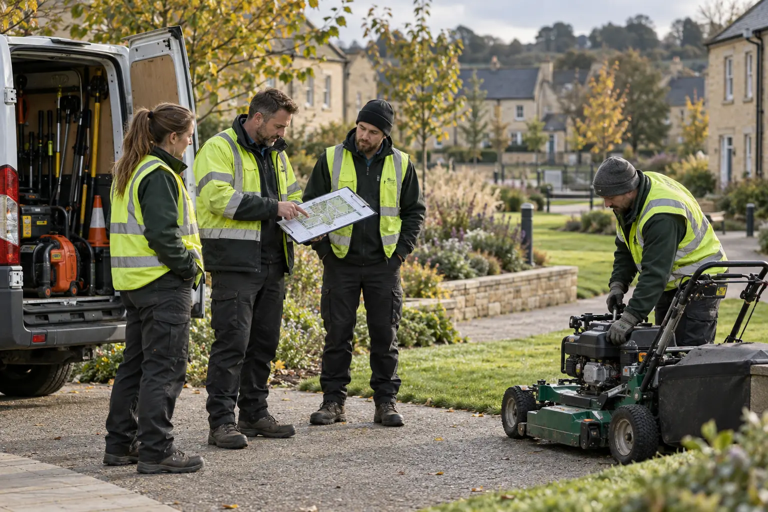 Professional grounds team reviewing a site plan beside their equipment
