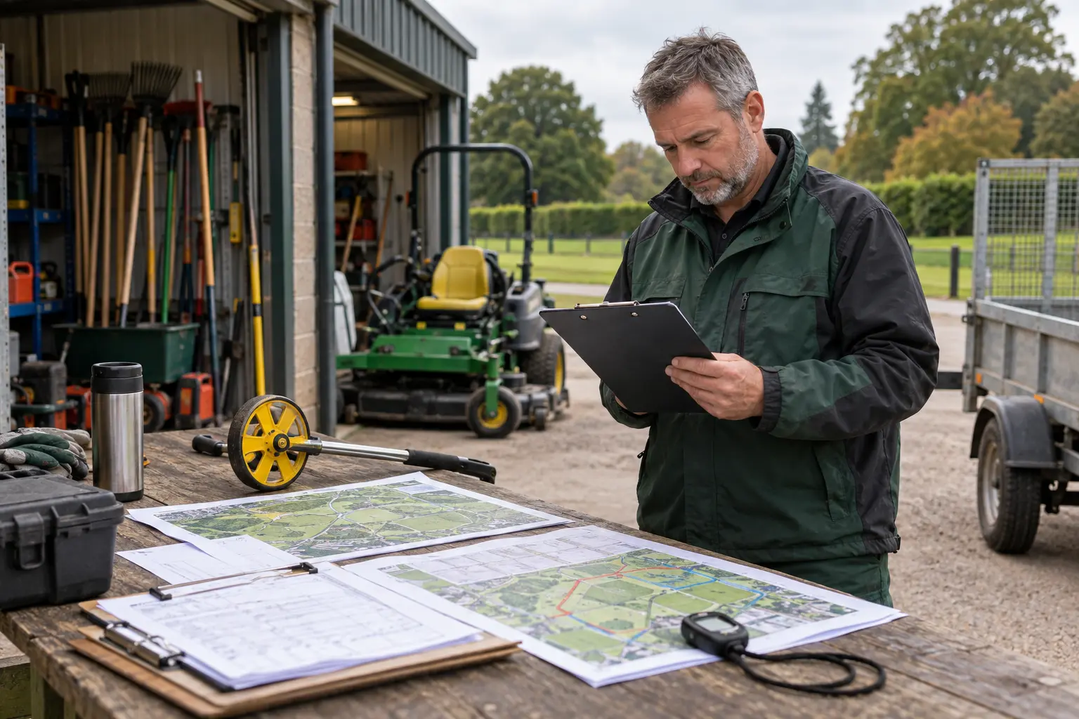 Grounds supervisor reviewing productivity and route information